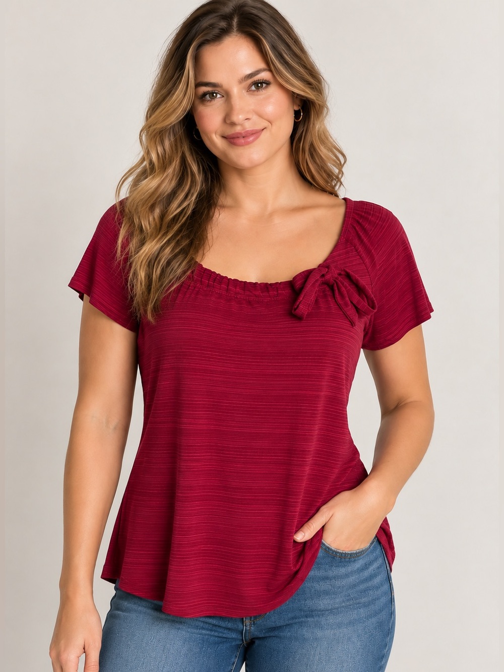 Liz McCoy Burgundy Ruched Bow Neck Short Sleeve Blouse Top Medium